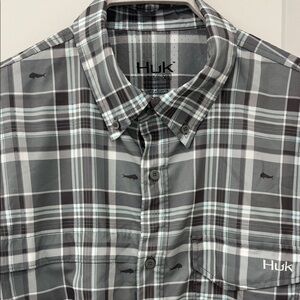 Huk Men's Gray Plaid Button-Down Shirt with Aqua Accents